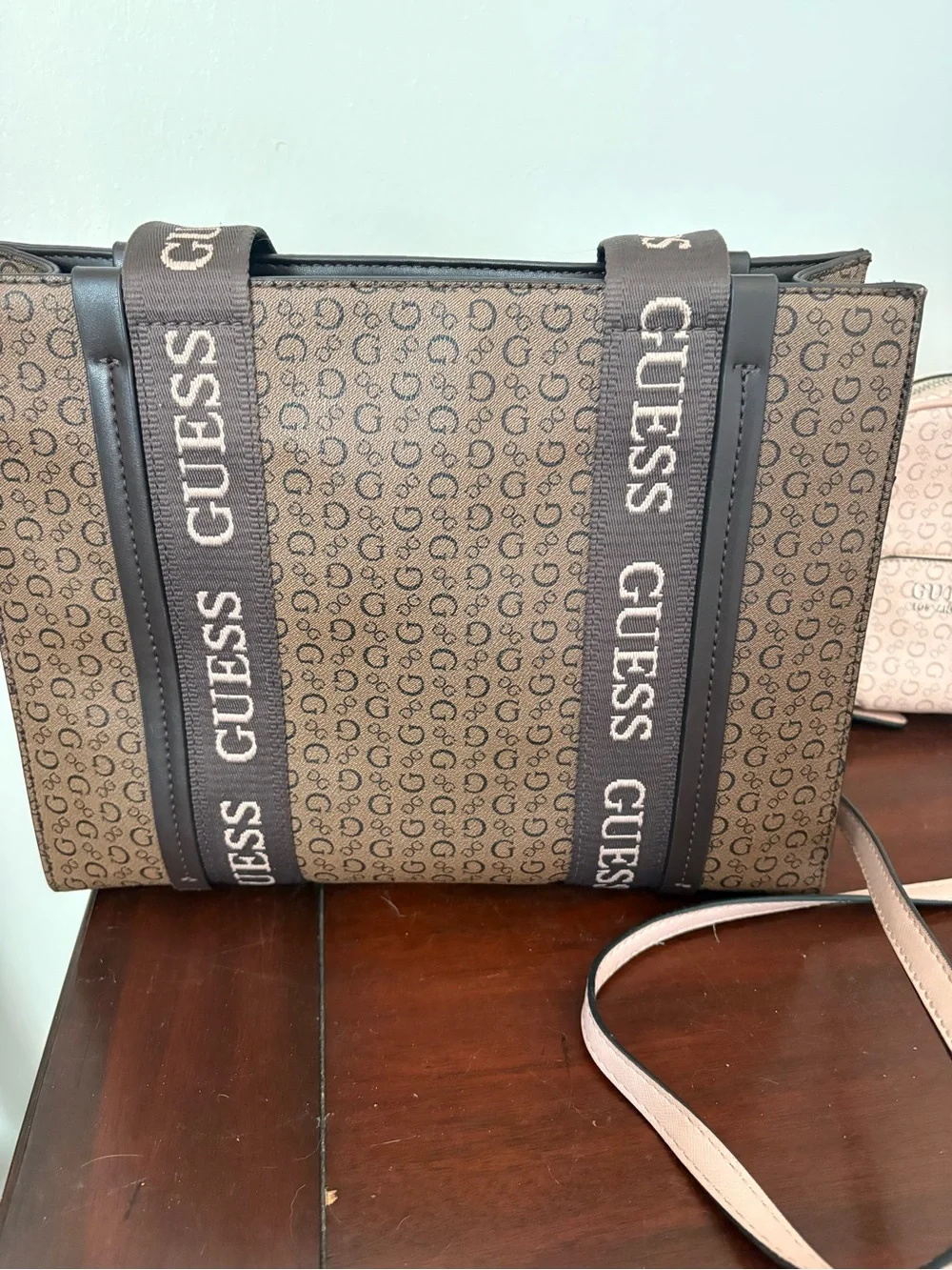 Guess 2 Purse Lot-Mocha/Pink  Oxnard Tote Purse & Pink El Dorado Crossbody Purse